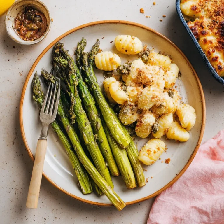 Gnocchi Gratin mit grünem Spargel & scharfem Kapern Topping