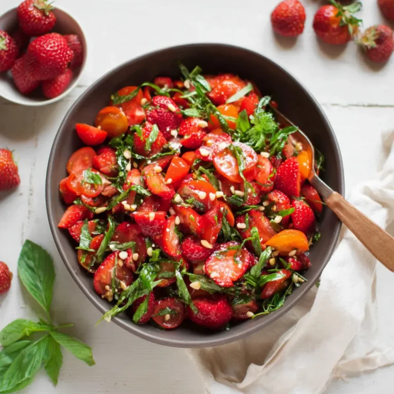 Salat mit Erdbeeren, Tomaten, Minze und Basilikum