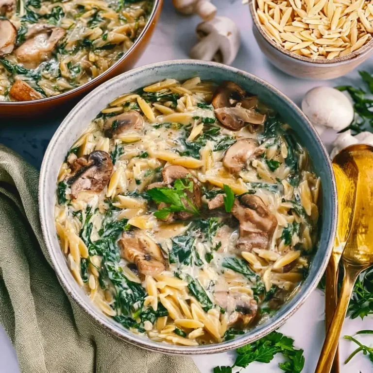 Cremige Orzo Pfanne mit Champignons und Spinat