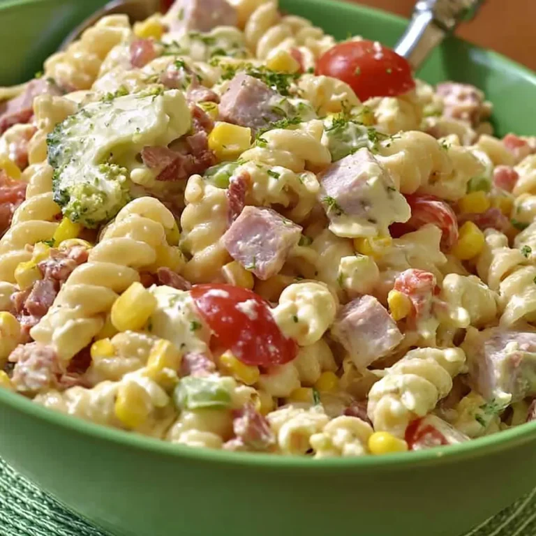 Nudelsalat mit cremiger Sauce und Schinken
