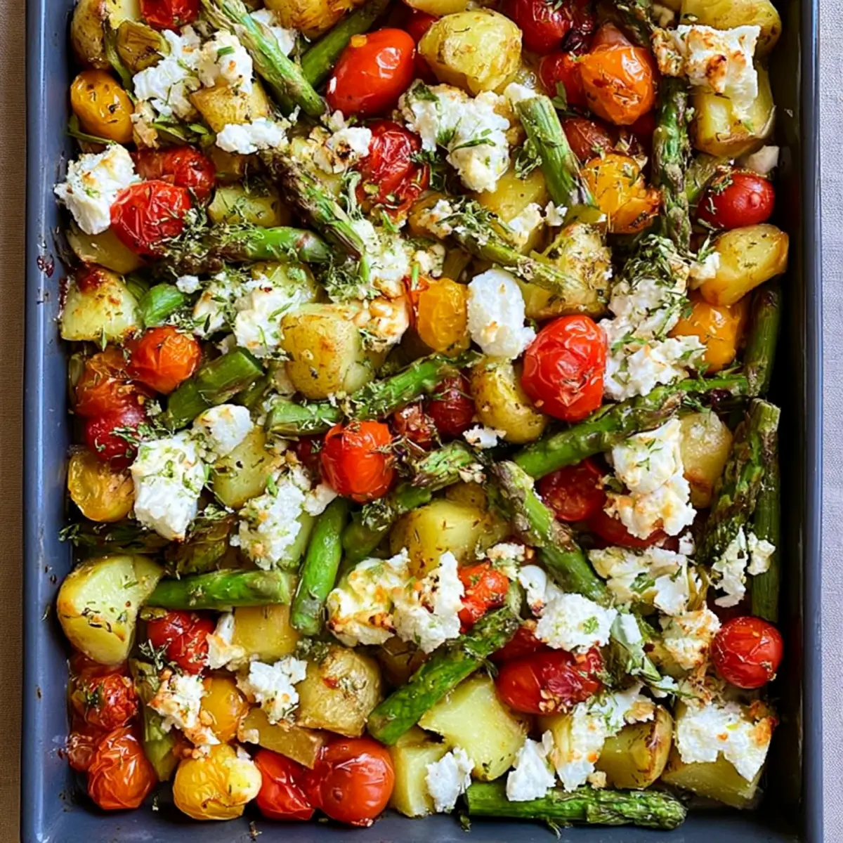 Ofenkartoffeln mit grünem Spargel, Tomaten und Feta