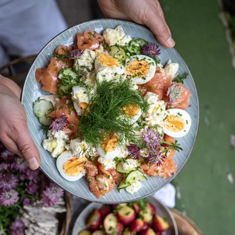Schwedischer Kartoffelsalat mit saurer Gruke, Dill, Creme Fraiche Dressing, Ei und Räucherlachs